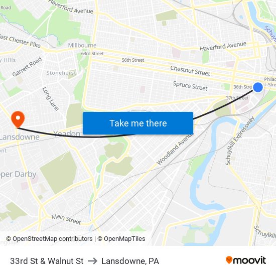 33rd St & Walnut St to Lansdowne, PA map
