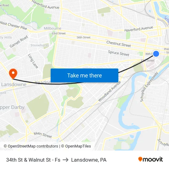 34th St & Walnut St - Fs to Lansdowne, PA map