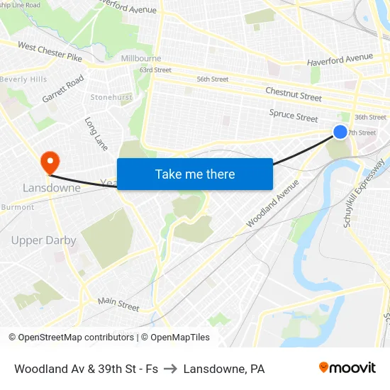 Woodland Av & 39th St - Fs to Lansdowne, PA map