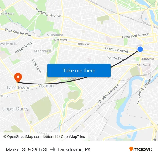 Market St & 39th St to Lansdowne, PA map