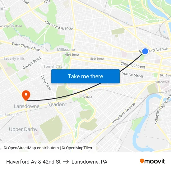 Haverford Av & 42nd St to Lansdowne, PA map