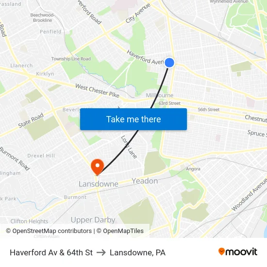 Haverford Av & 64th St to Lansdowne, PA map