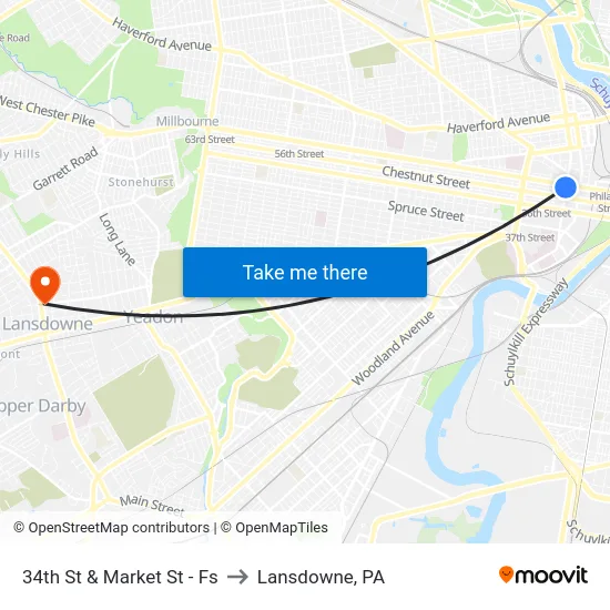 34th St & Market St - Fs to Lansdowne, PA map
