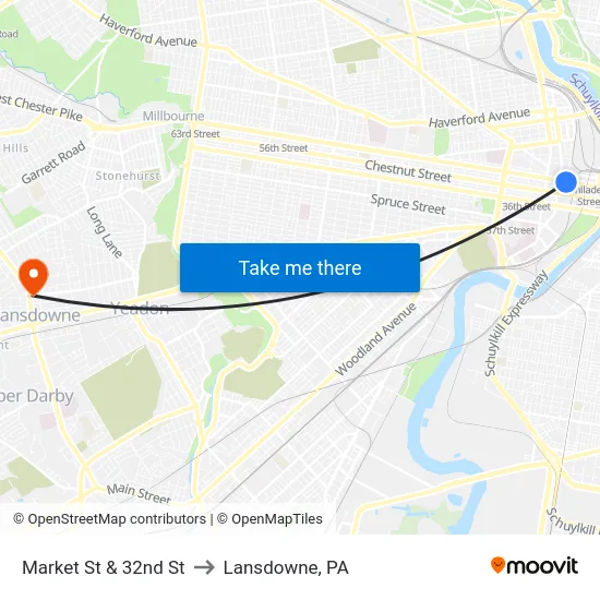 Market St & 32nd St to Lansdowne, PA map