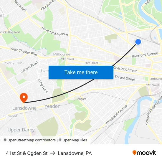 41st St & Ogden St to Lansdowne, PA map
