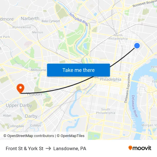 Front St & York St to Lansdowne, PA map