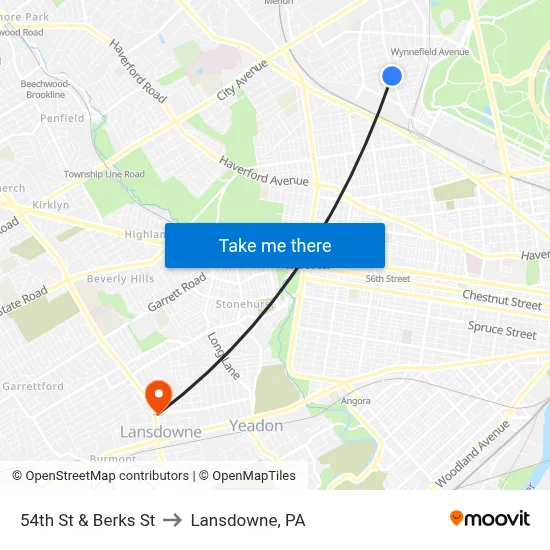 54th St & Berks St to Lansdowne, PA map