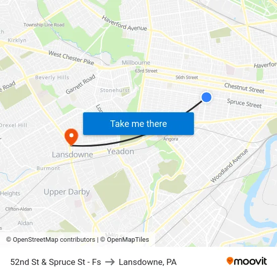 52nd St & Spruce St - Fs to Lansdowne, PA map