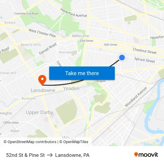 52nd St & Pine St to Lansdowne, PA map