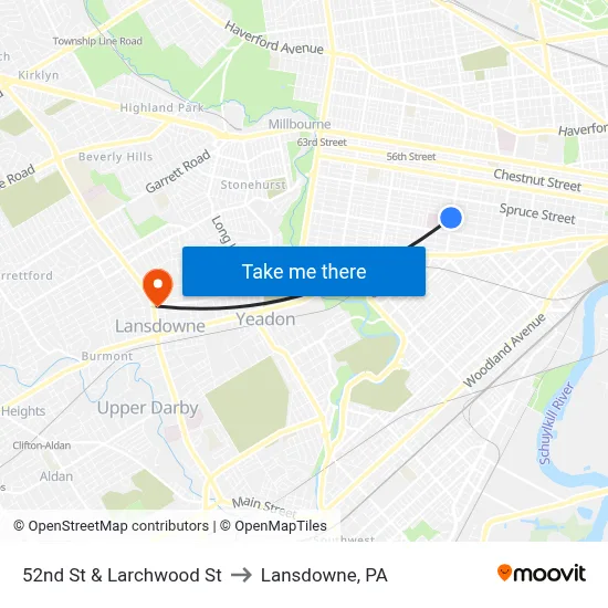 52nd St & Larchwood St to Lansdowne, PA map
