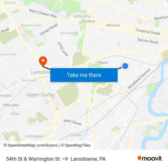 54th St & Warrington St to Lansdowne, PA map