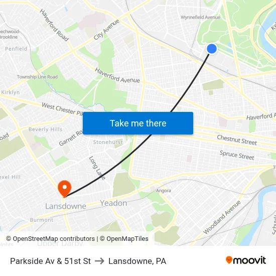 Parkside Av & 51st St to Lansdowne, PA map