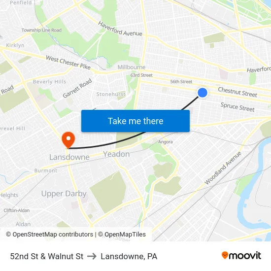 52nd St & Walnut St to Lansdowne, PA map