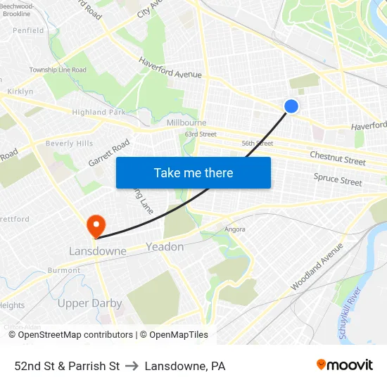52nd St & Parrish St to Lansdowne, PA map