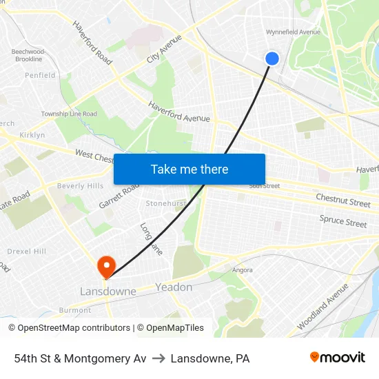 54th St & Montgomery Av to Lansdowne, PA map