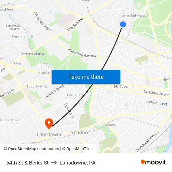 54th St & Berks St to Lansdowne, PA map