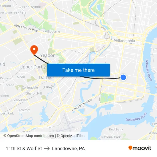 11th St & Wolf St to Lansdowne, PA map