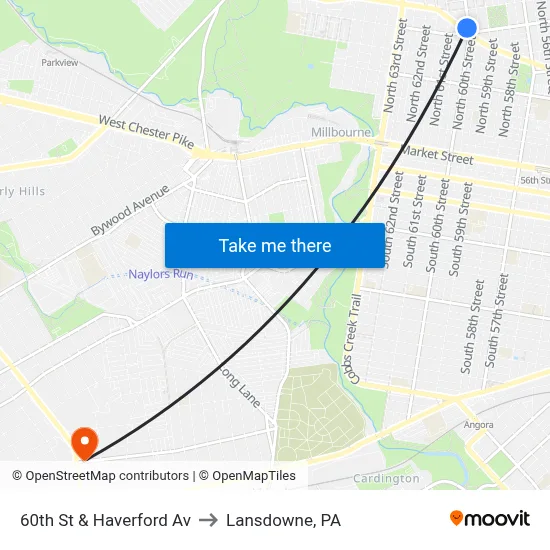 60th St & Haverford Av to Lansdowne, PA map