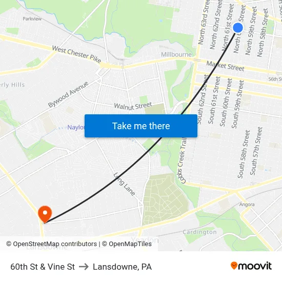 60th St & Vine St to Lansdowne, PA map