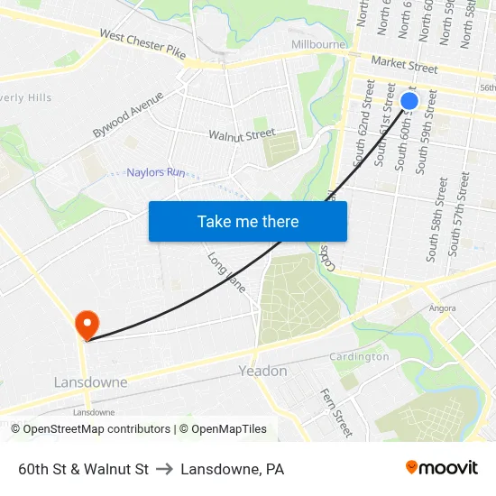 60th St & Walnut St to Lansdowne, PA map