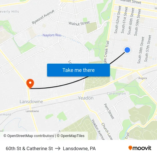 60th St & Catherine St to Lansdowne, PA map