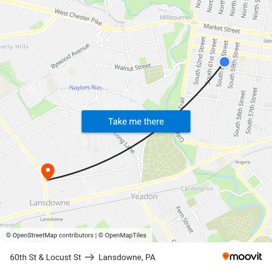 60th St & Locust St to Lansdowne, PA map