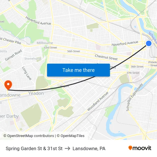 Spring Garden St & 31st St to Lansdowne, PA map