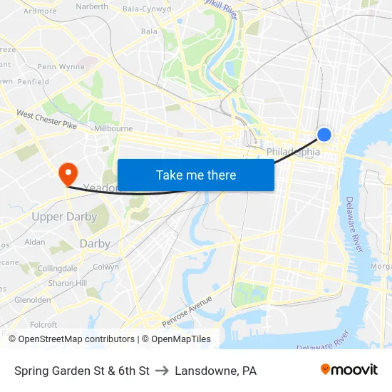 Spring Garden St & 6th St to Lansdowne, PA map