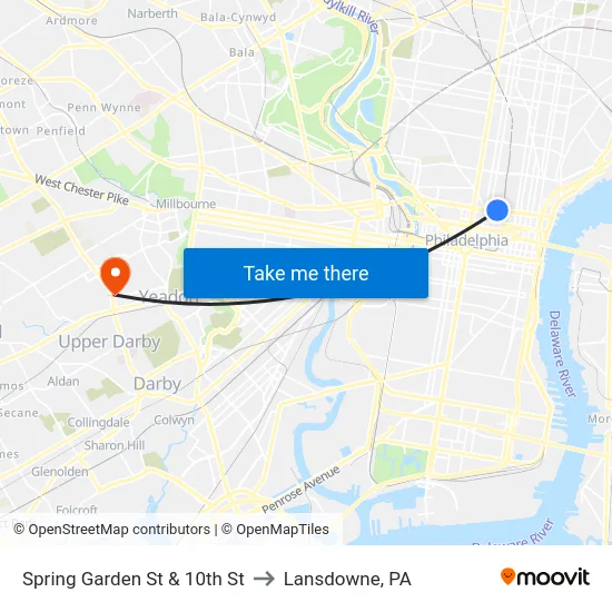 Spring Garden St & 10th St to Lansdowne, PA map