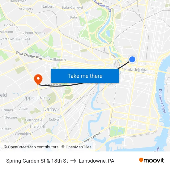 Spring Garden St & 18th St to Lansdowne, PA map