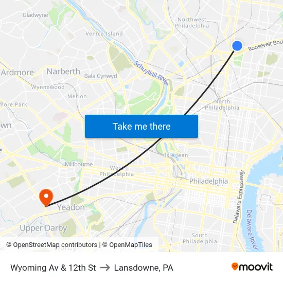 Wyoming Av & 12th St to Lansdowne, PA map