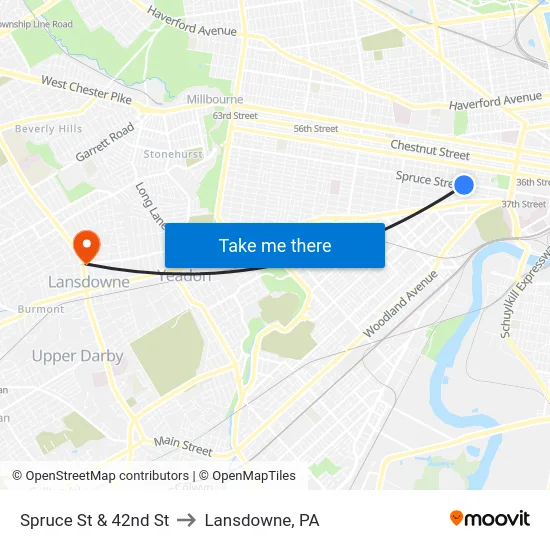 Spruce St & 42nd St to Lansdowne, PA map