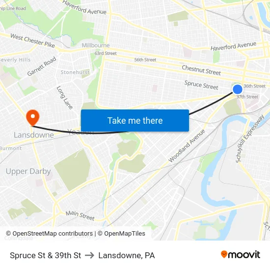 Spruce St & 39th St to Lansdowne, PA map