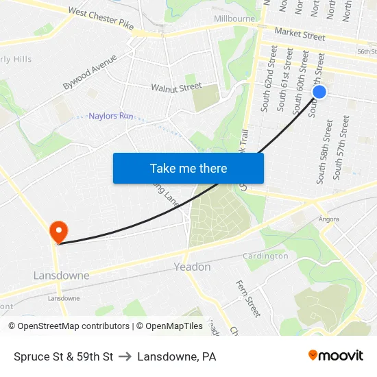 Spruce St & 59th St to Lansdowne, PA map
