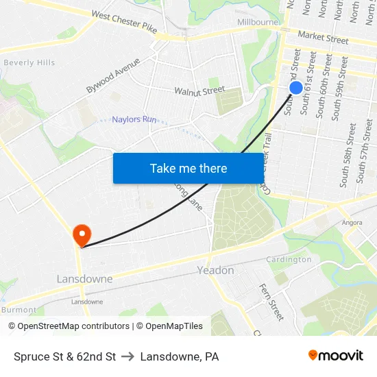 Spruce St & 62nd St to Lansdowne, PA map