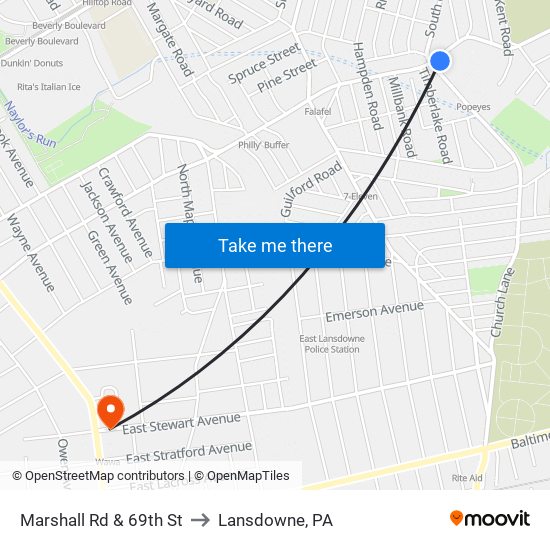 Marshall Rd & 69th St to Lansdowne, PA map