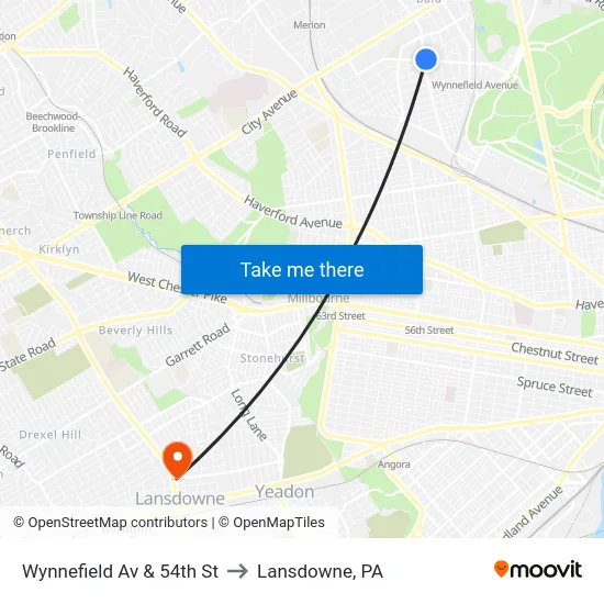 Wynnefield Av & 54th St to Lansdowne, PA map