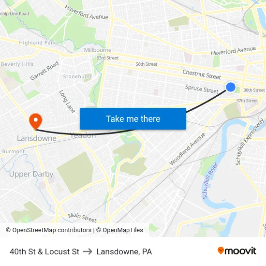 40th St & Locust St to Lansdowne, PA map