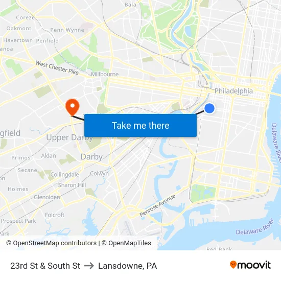 23rd St & South St to Lansdowne, PA map