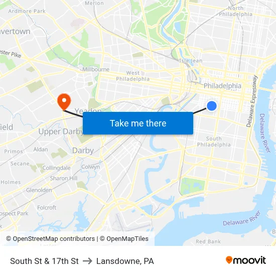 South St & 17th St to Lansdowne, PA map