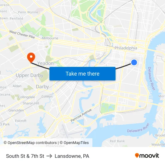 South St & 7th St to Lansdowne, PA map
