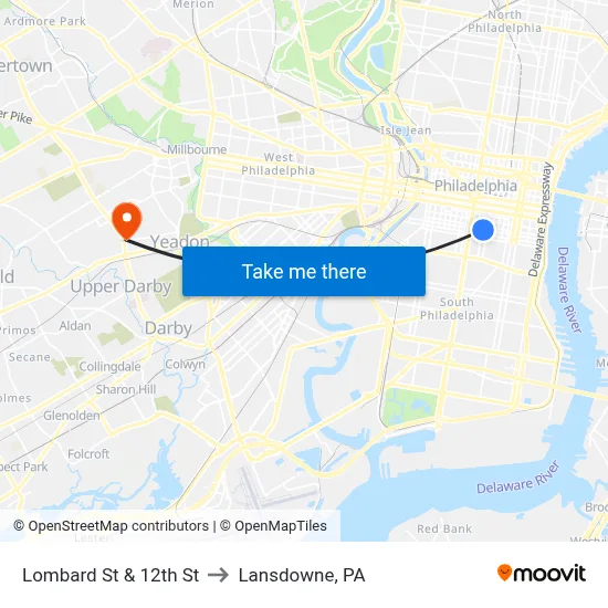 Lombard St & 12th St to Lansdowne, PA map