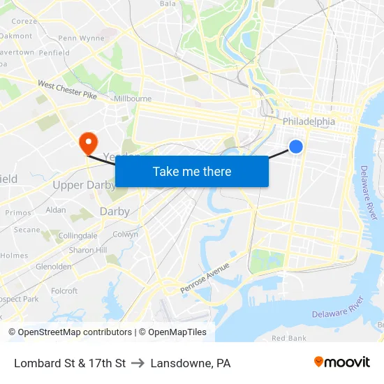 Lombard St & 17th St to Lansdowne, PA map