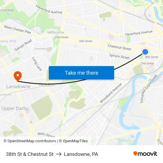 38th St & Chestnut St to Lansdowne, PA map