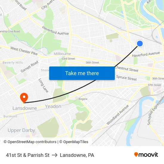 41st St & Parrish St to Lansdowne, PA map