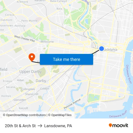 20th St & Arch St to Lansdowne, PA map