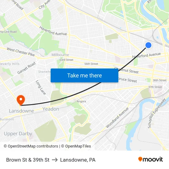 Brown St & 39th St to Lansdowne, PA map