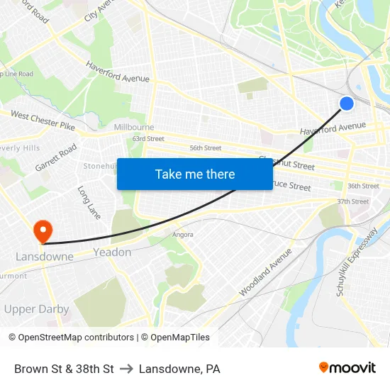 Brown St & 38th St to Lansdowne, PA map