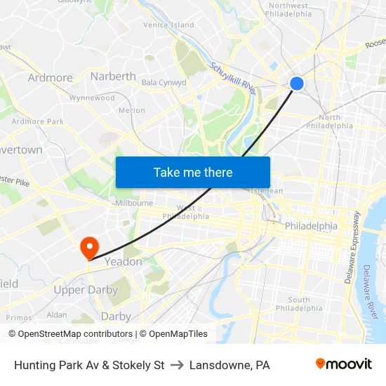 Hunting Park Av & Stokely St to Lansdowne, PA map