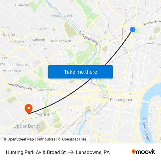 Hunting Park Av & Broad St to Lansdowne, PA map